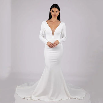 Simple Mermaid Wedding Dresses for Women V Neck Belt Backless Long Sleeves Sey Bridal Dress Vestidos De Novia Customized