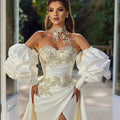 Pleated mermaid removable bubble sleeve ivory high slit princess bridal gown side view