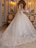Luxury custom Dubai ball gown deep V-neck lace sequins elegant wedding dress back view