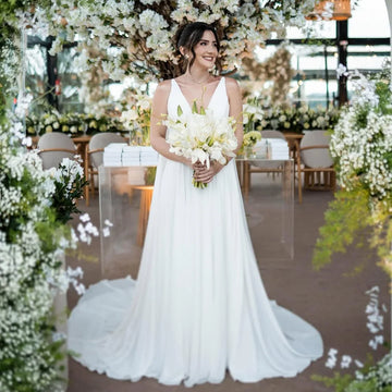 Modest Chiffon Wedding Dresses For Bride V Neck Sleeveless A Line Boho Bridal Gowns Plus Size Wedding Gown Customized