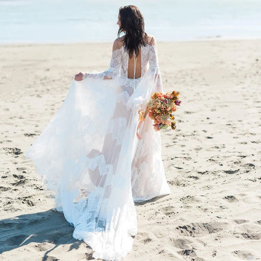 Boho Long Bell Sleeves V Neck Customized Wedding Dress Custom Backless Rustic Outdoor Made Large Size Floral Lace Bridal Gowns