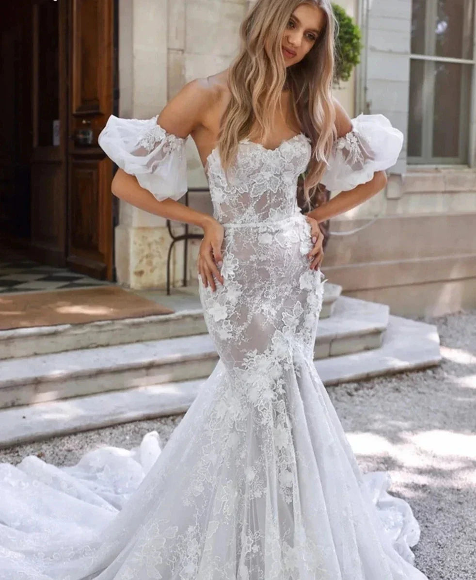 Lace strapless illusion romantic mermaid court train custom bridal gown detail