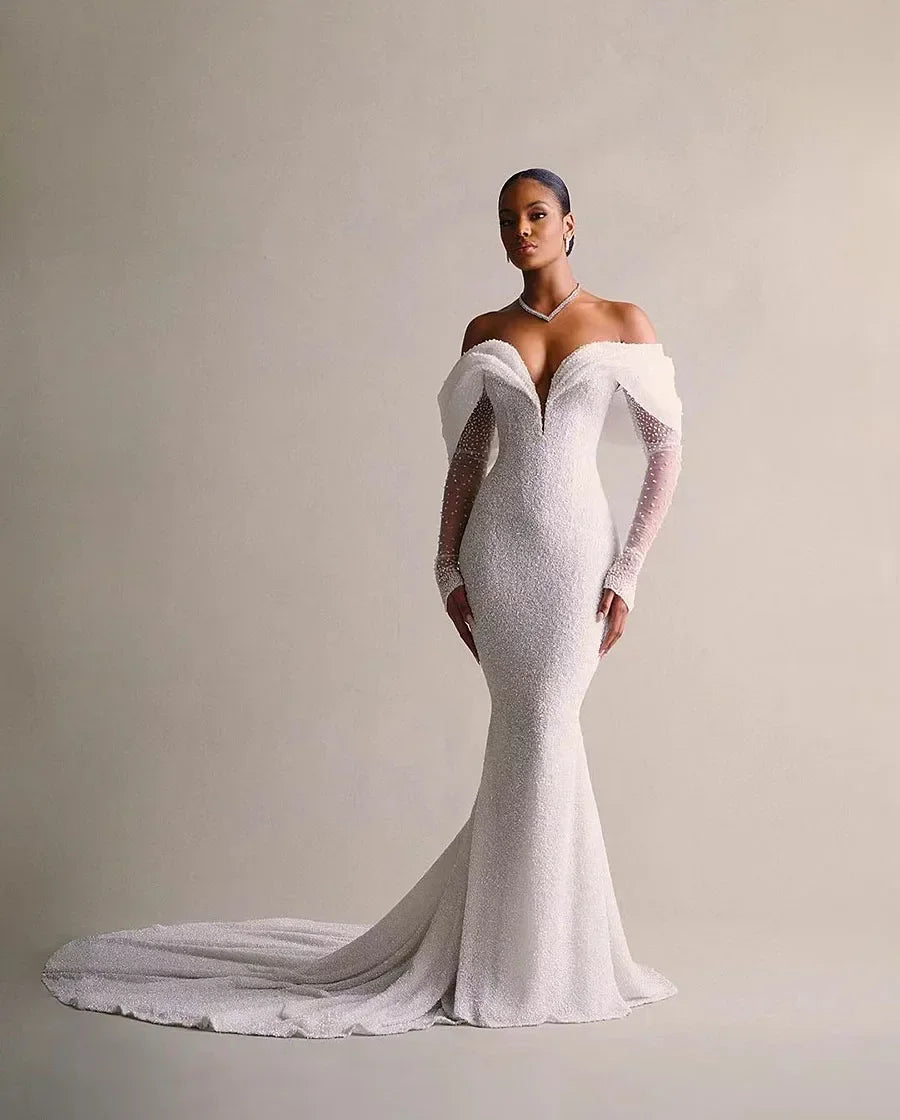 Luxury detachable 2-in-1 train wedding dress lace sequins V-neck full sleeve vintage mermaid