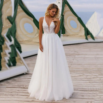 Boho Wedding Dresses A-Line Deep V-Neck Sleeveless Lace Appliques Tulle Bridal Gown Women Backless Luxury Brides Dresses