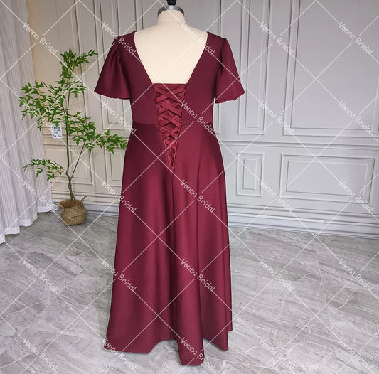 Simple Crepe V Neck Short Flare Sleeves Evening Dress Customized Lace Up Closure High Low Ruffled Mother of The Bridal Gowns