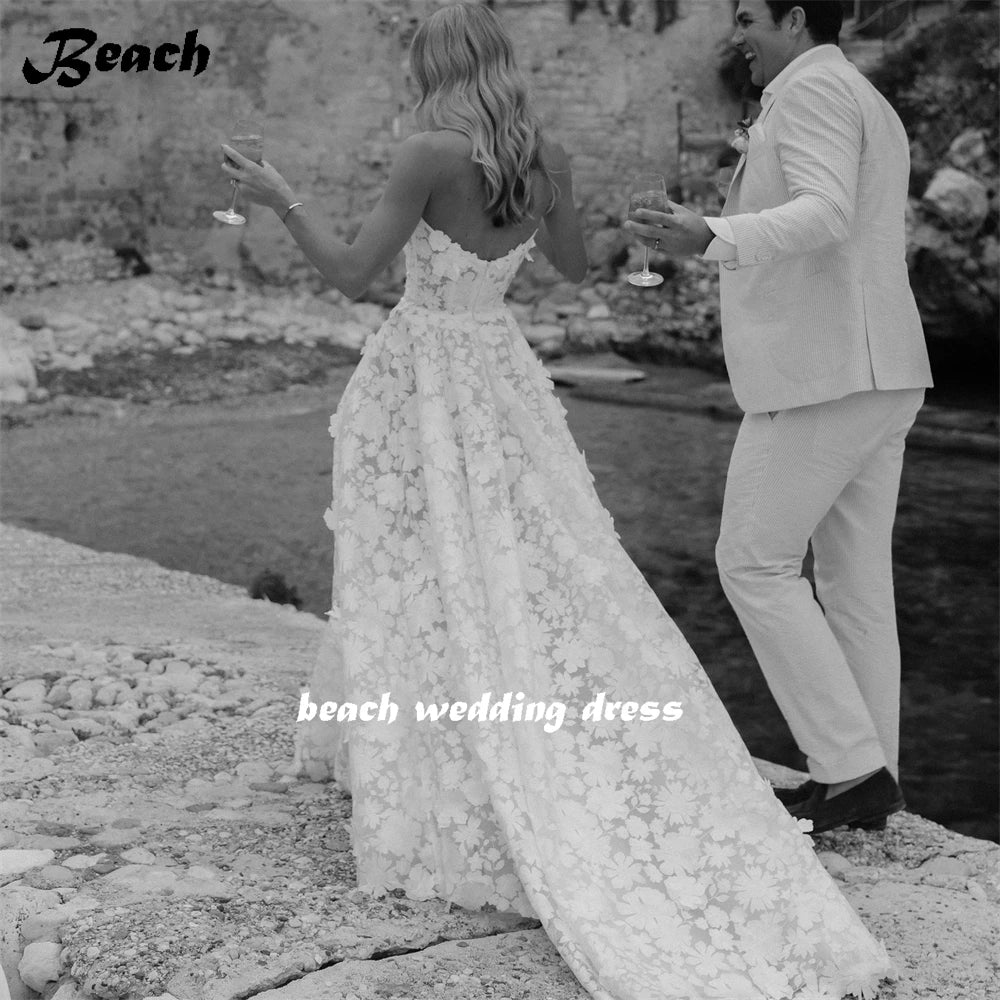 3D floral lace strapless backless sweep train beach A-line bride wedding dress side view