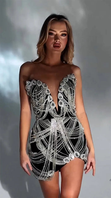 Luxury Dress Sexy Women's Shiny Beaded Rhinestone Dress Silver Stage Talent Performance Dress Birthday Celebration Party Dress