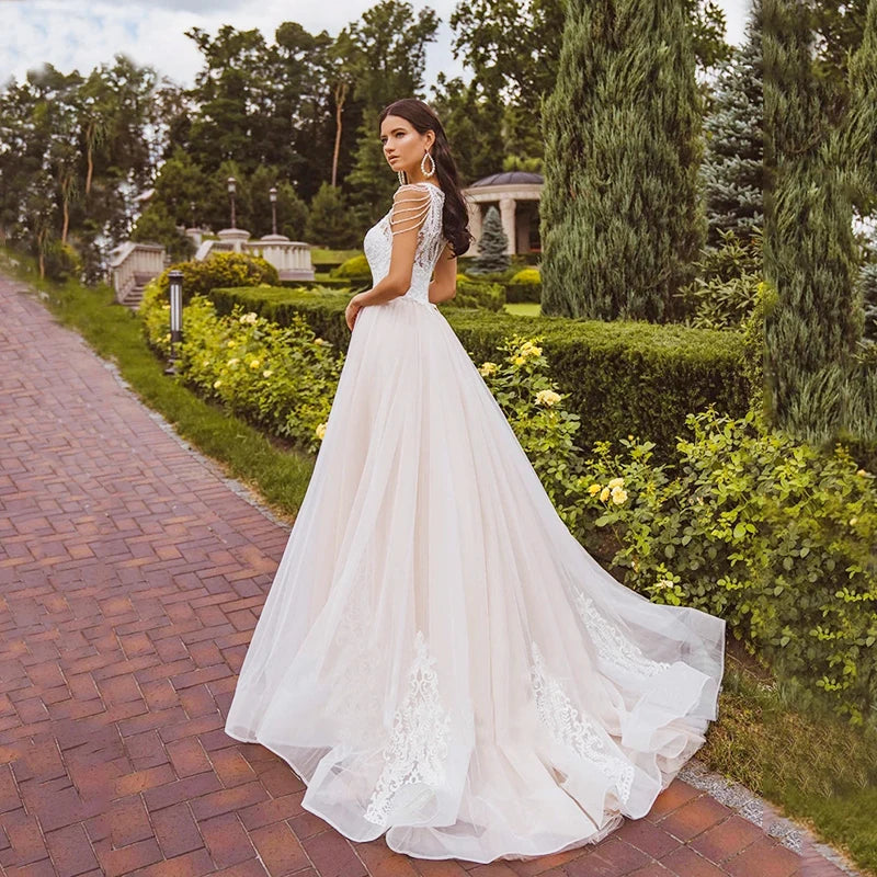 Sweetheart pleats halter beads lace A-line tulle train fashion wedding dress bridal gown side view