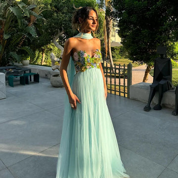 Elegant Sky Blue Prom Dress 3D Floral Sweetheart Birthday Dress With Cape Women Guest Dress Evening Party Gown Customized