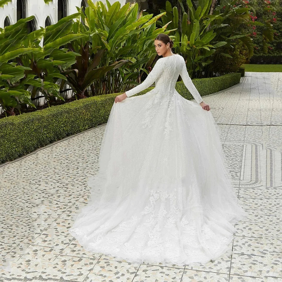 Flavinke Customized Tulle Wedding Dresses For Woman Boat Neck Long Sleeve Floral Lace Appliques Button Vestidos De Noiva 2026