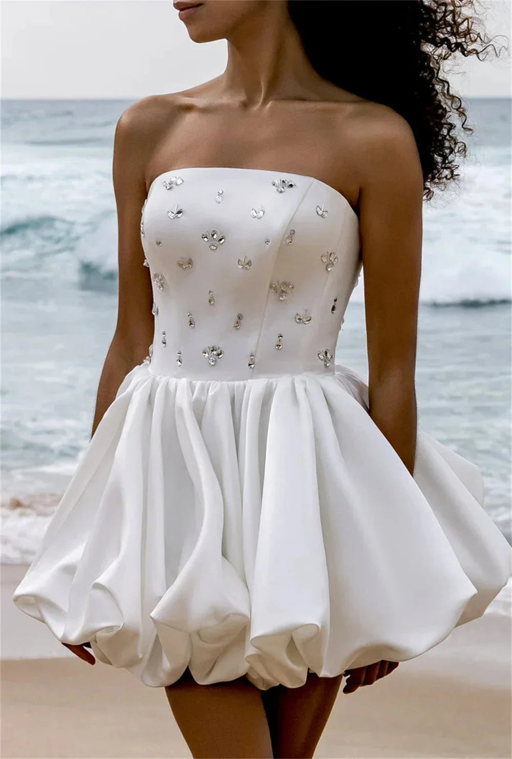 Crystal lace-up strapless satin mini short beach new arrival wedding dress bridal party gown side view