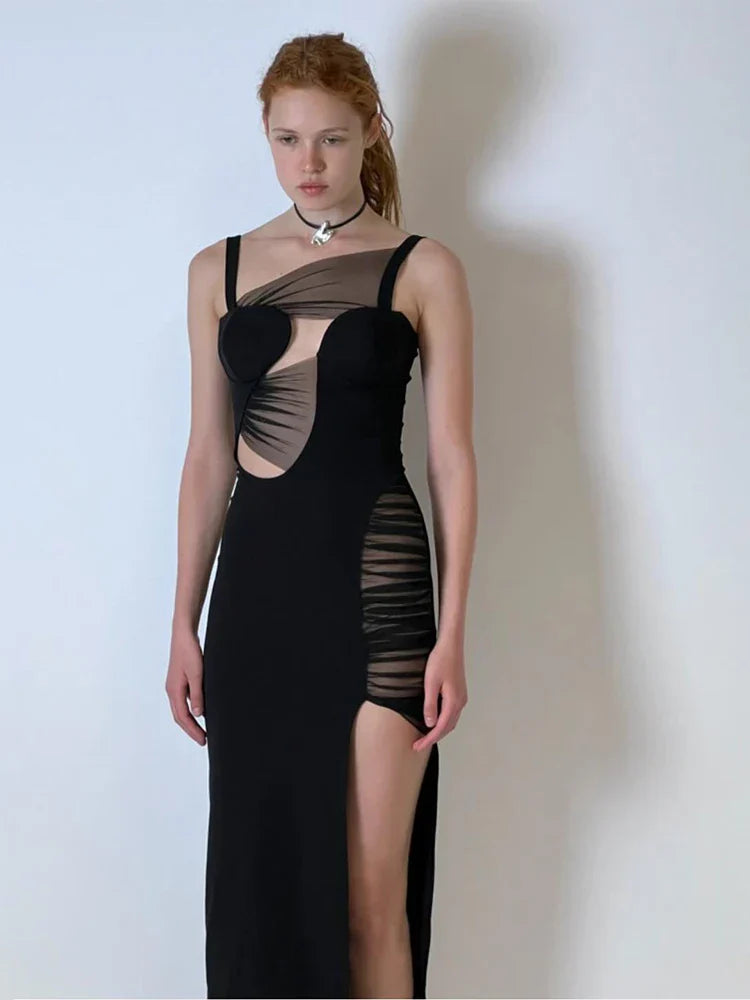 Mesh hollow bandage spaghetti strap sleeveless black V-neck high split bodycon party evening dress side view