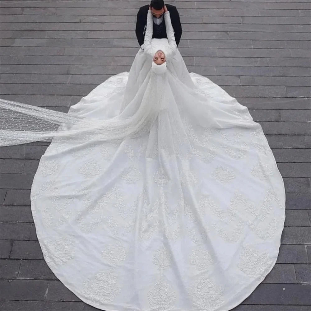 Muslim mermaid wedding dress detachable train applique lace high neck long sleeve