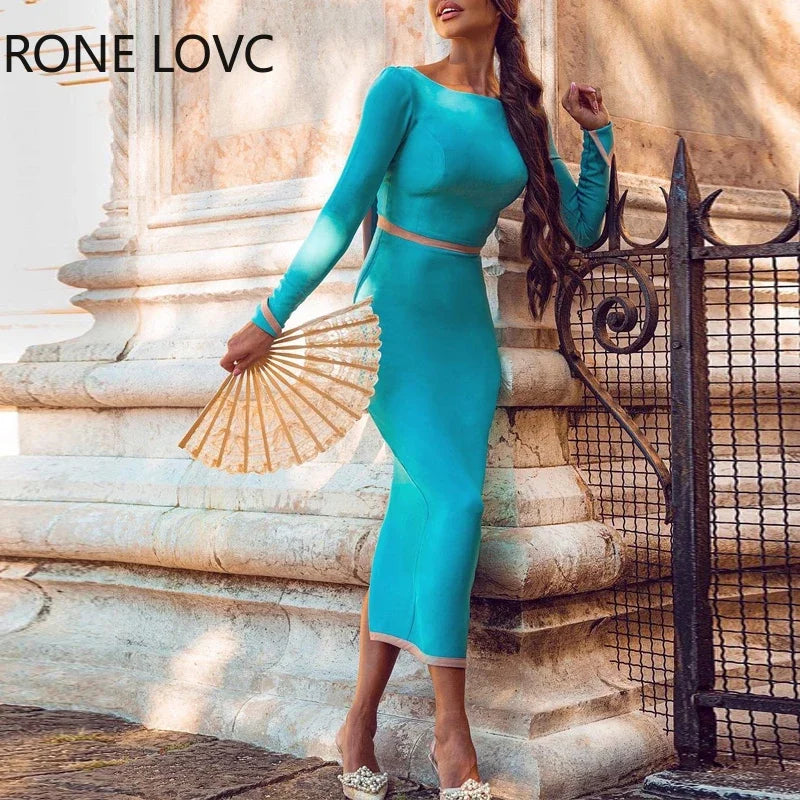 Beaded slit long sleeves backless sexy solid bodycon formal party dress women side view