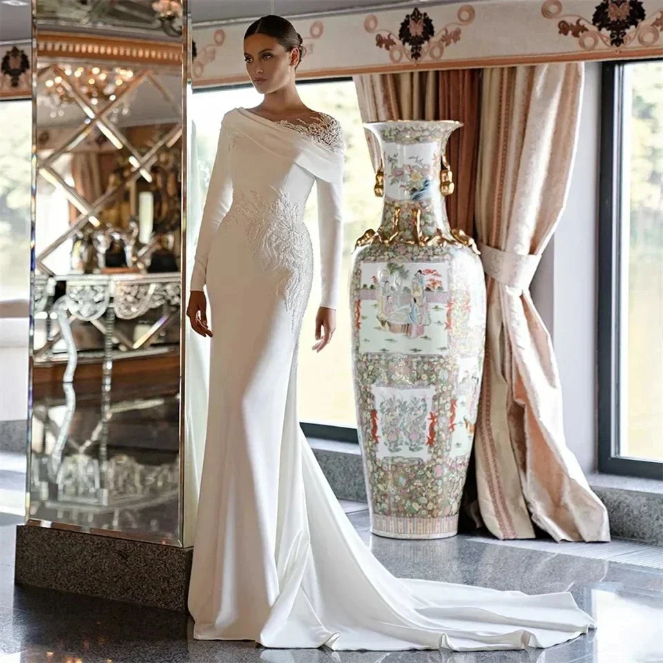 Elegant 2026 wedding dress sheer neck long sleeves embroidery lace satin mermaid bridal gown