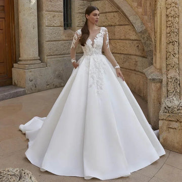 Customized Elegant Satin Wedding Dresses Lace Applique Long Sleeves Scoop Neck Back Buttons  Bride Gown Vestidos De Novia