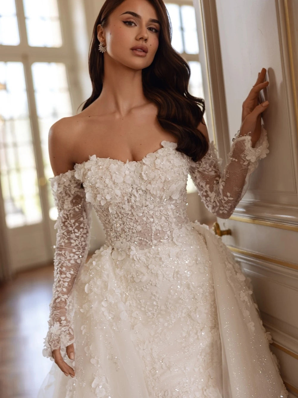 Beaded 3D flower off-shoulder mermaid wedding dress – back view – Snowy Bridal