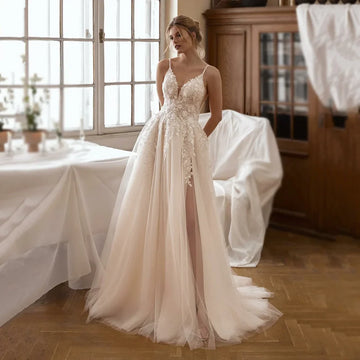 A-Line Wedding Dresses Spaghetti Strap Tulle Wedding Gown Applique Lace Sexy High Slit Backless Bridal Dress Customized