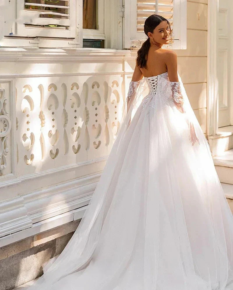 Romantic Classic Wedding Dresses For Women Boat Neck Bridal Gowns Off The Shoulder Tulle Robes Appliques Vestidos De Novia