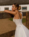 Long sleeves backless romantic beach beautiful off-shoulder high split lace mopping bridal gown side view