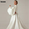 High Collar Ivory A-line Wedding Dresses Fold Puff Sleeve Satin Draped Pleat Bride Gown Floor Length robe de mariée