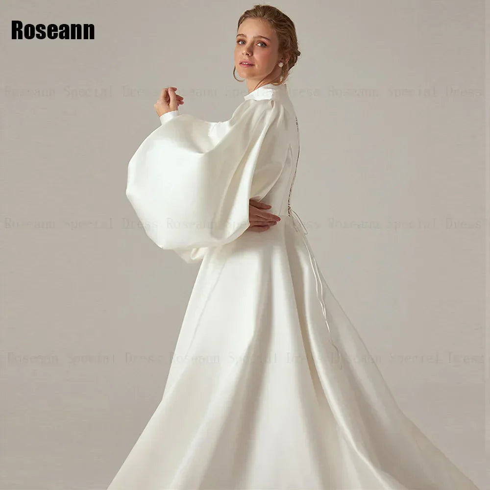 High Collar Ivory A-line Wedding Dresses Fold Puff Sleeve Satin Draped Pleat Bride Gown Floor Length robe de mariée