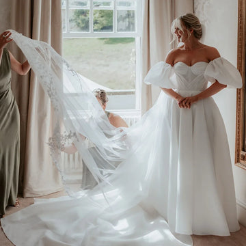 Customized Off-Shoulder Wedding Dress For Women Puff Sleeves Pleats A-Line Bridal Gown Elegant Backless Wedding Party Dress