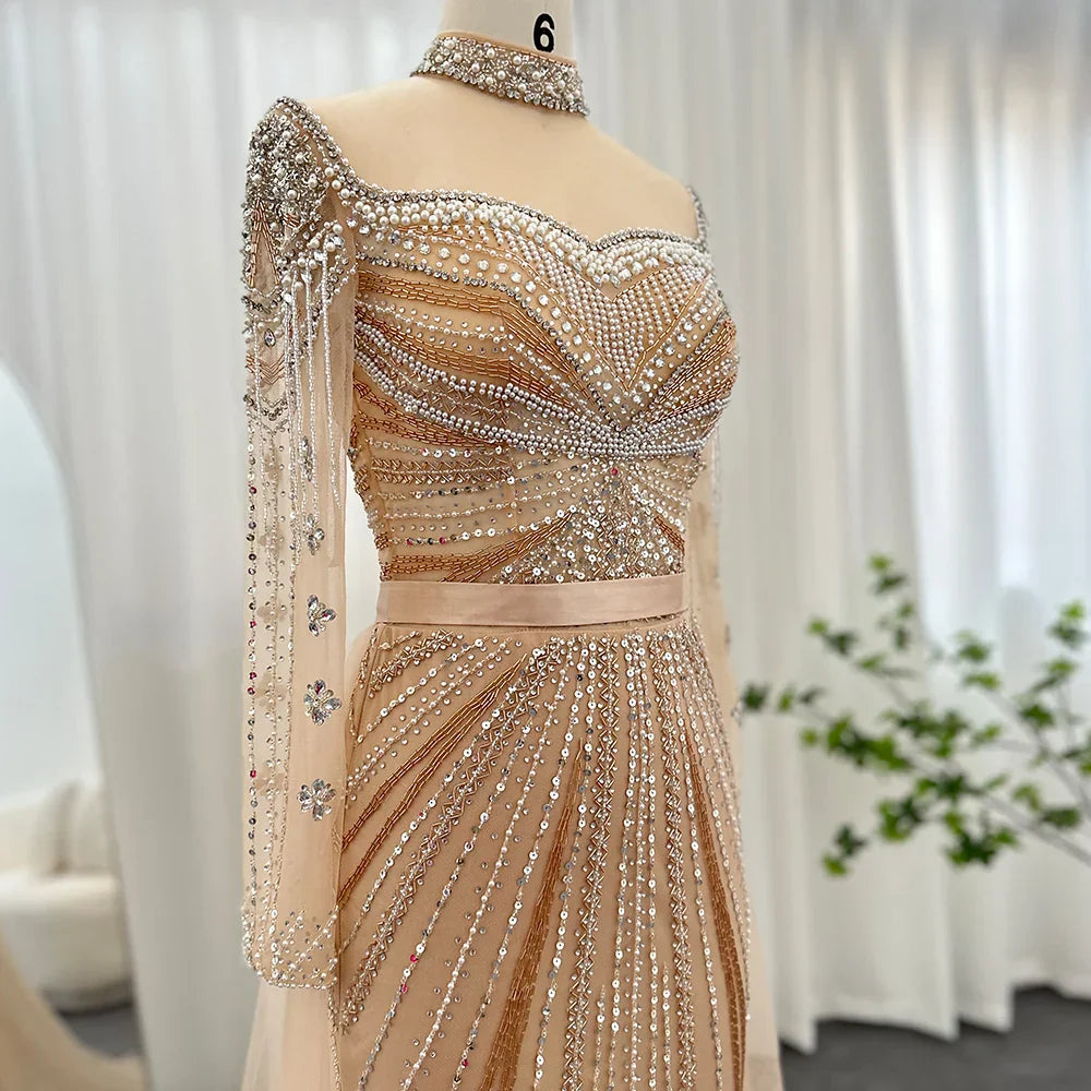 Luxury Champagne Mermaid Dubai Evening Dress with Detachable Overskirt Arabic Women Wedding Formal Party Gowns SS265