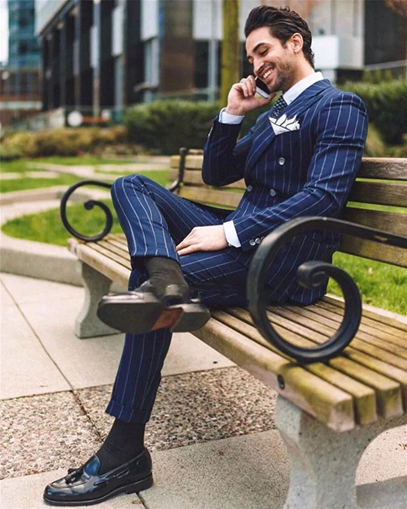 Navy blue striped double breasted slim groom wedding tuxedo blazer classic business 2 piece