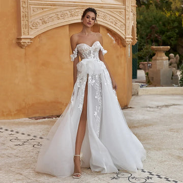 Bohemian A-line Wedding Dresses Off Shoulder Sleeveless Side Split Bridal Gown Lace Applique Backless Wedding Gowns Customized