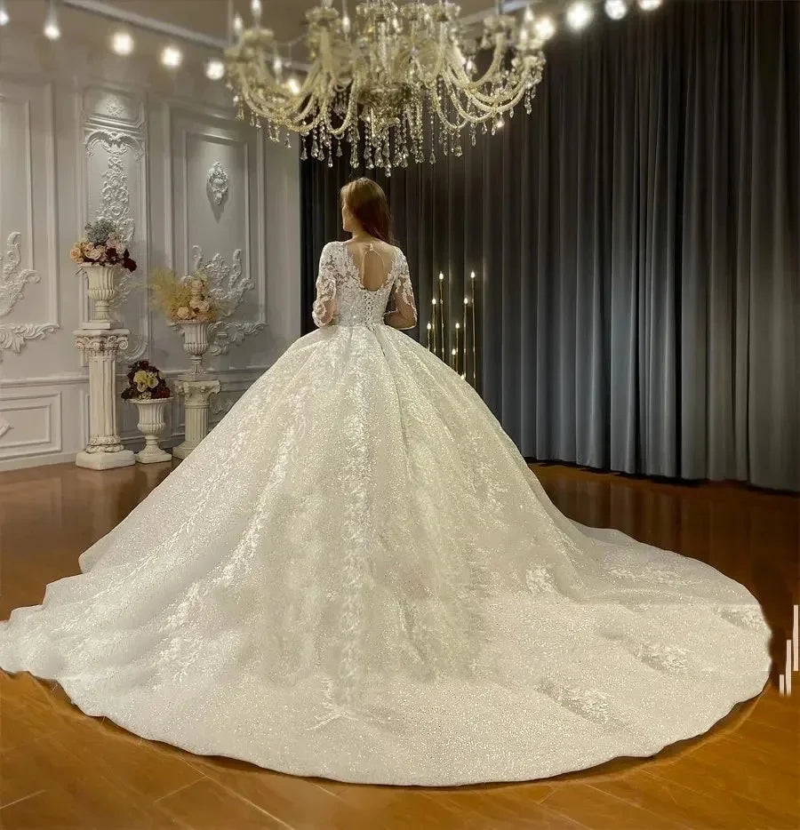 Customized Luxury Robe De Mariee Ball Gowns Wedding Dress Applique Lace Bridal Dress shiny Tulle Long Sleeves Vestidos De Novia
