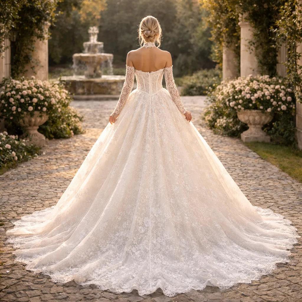 Luxury Lace Wedding Dress Long Sleeve Off Shoulder Princess Ball Gown Bridal Gown Elegant Court Train Vestido De Novia 2026