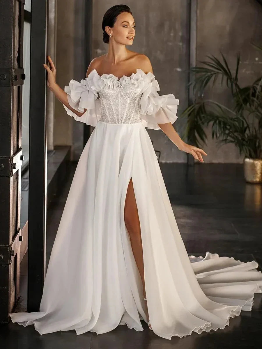 Ruched satin high split boat neck A-line formal party wedding dress bridal gown side view