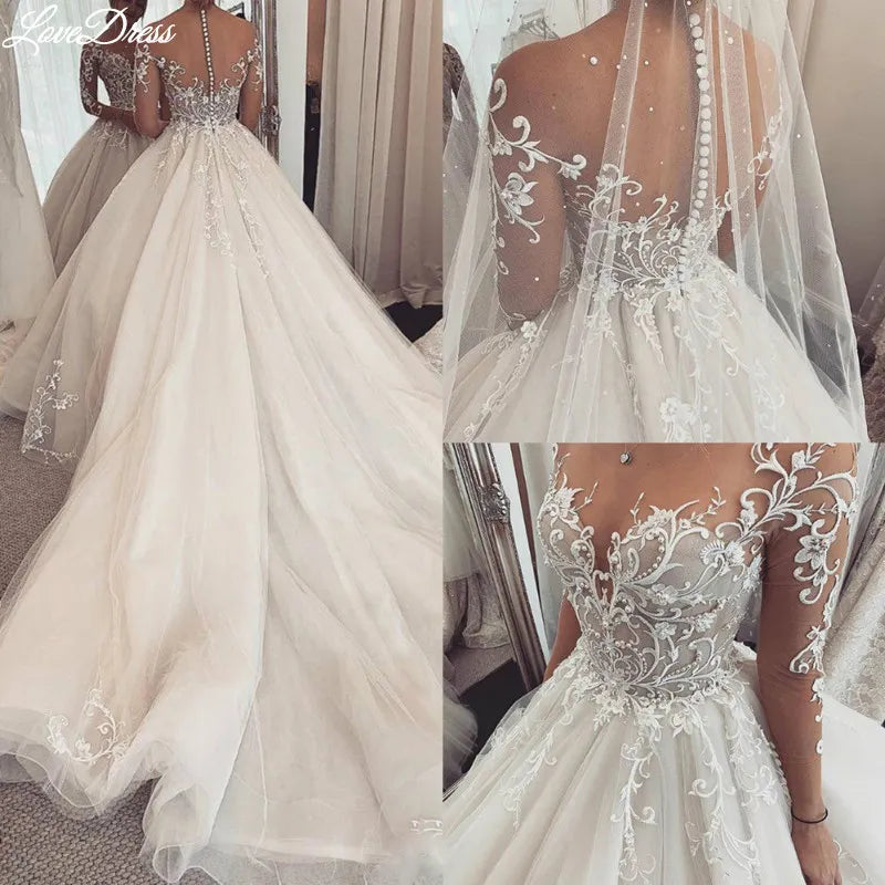 Charming lace V-neck long sleeves princess wedding gown illusion buttons bride bridal dress