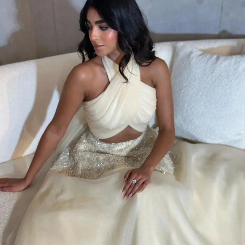 Evening Dress Halter A-Line Sleeveless Beading Sequined Prom Party Gowns Occasion Dress Ivory 22W