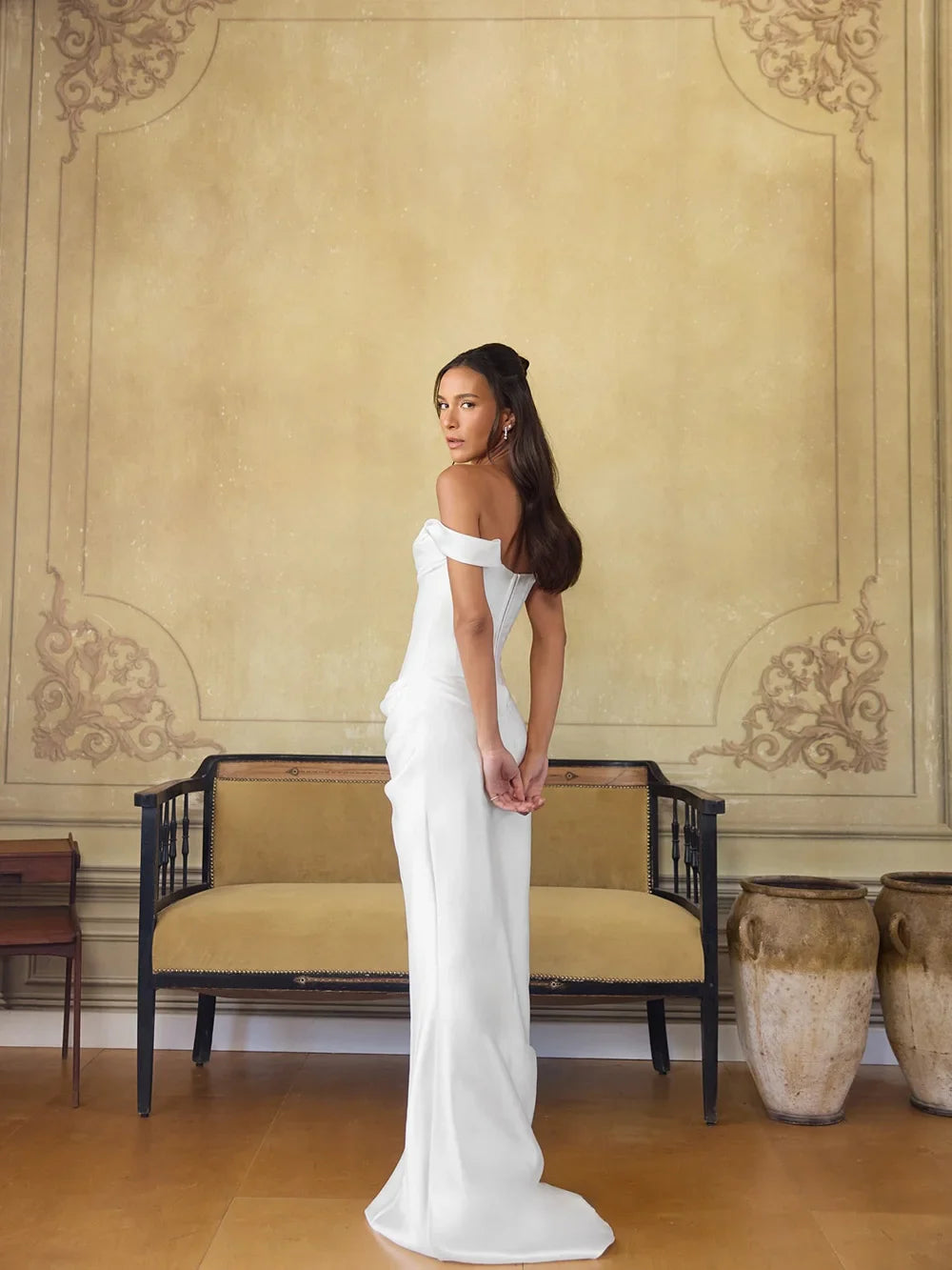 Luxury Mermaid Wedding Dresses Satin Off Shoulder Bridal Dress With Detachable Train Women Wedding Gowns Customized