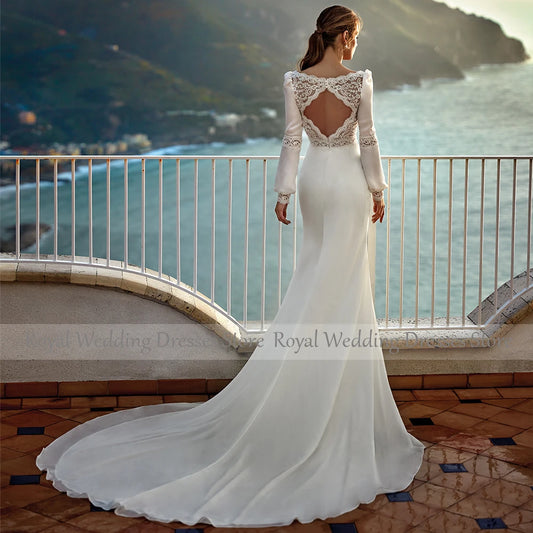 Boho Wedding Dresses Long Sleeves V-neck Bespoke Lace Mermaid Wedding Gown White Cut Out Trumpet Illusion Bridal Gowns 2024