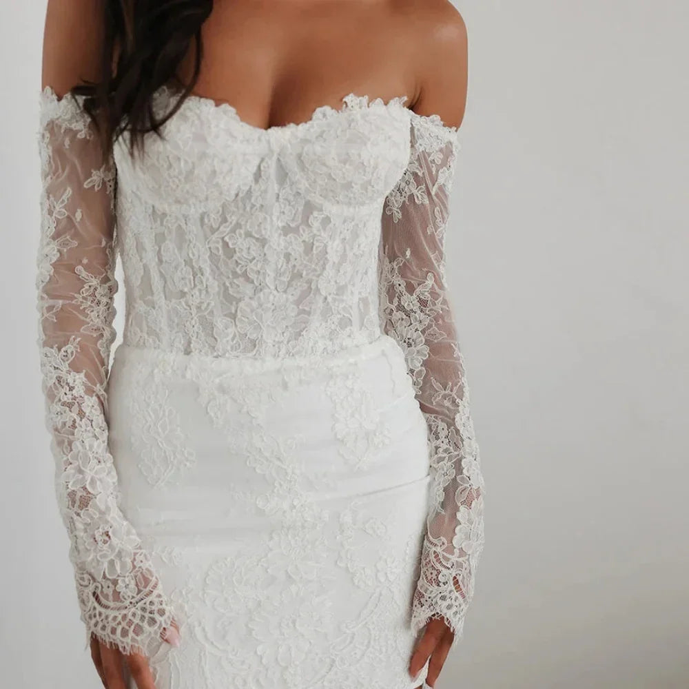 Classic A-line short wedding dress 2026 off-the-shoulder flowers embroidery lace bride party gown