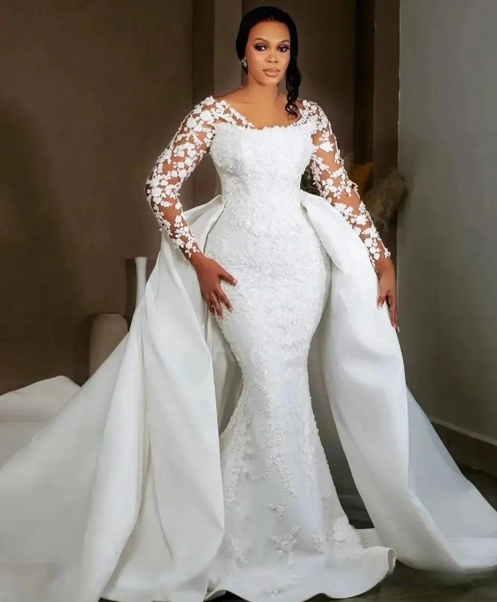 New modern mermaid wedding dress removable skirt appliques beads church bride gown African bridal