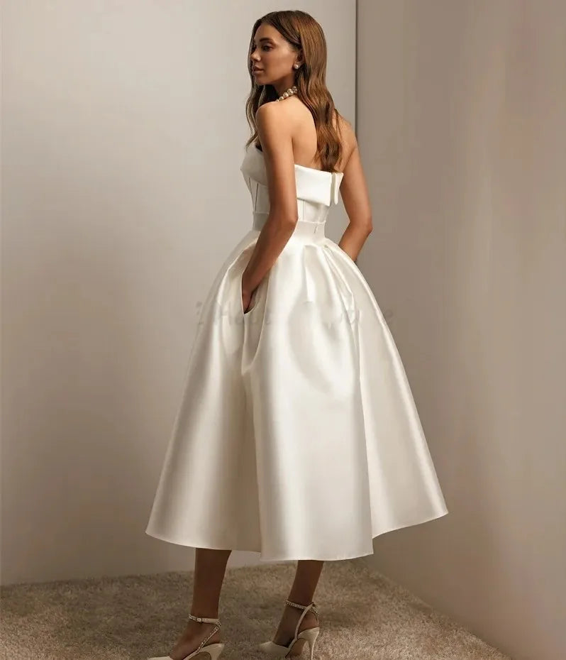 Sexy elegant A-line satin wedding dress mid-calf sleeveless backless formal bridal gown