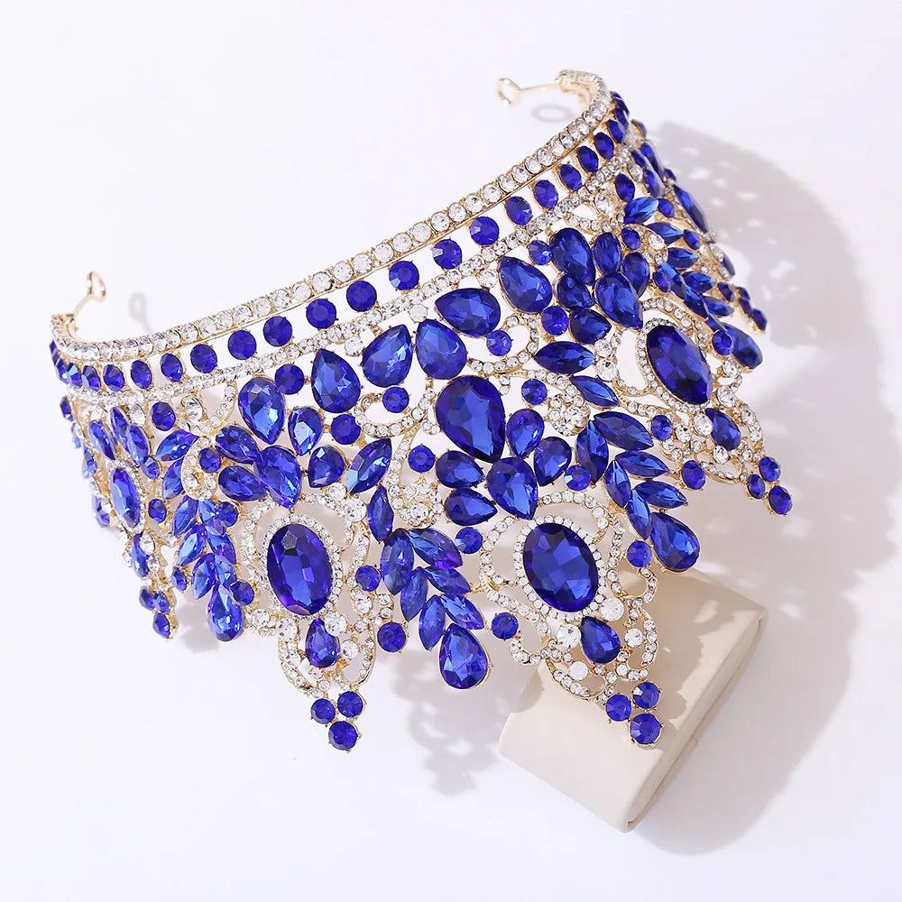 KMVEXO Statement Big Forest Blue Crystal Rhinestone Crown Wedding Tiara Bridal Hair Accessories Crown Party Wedding Headwear