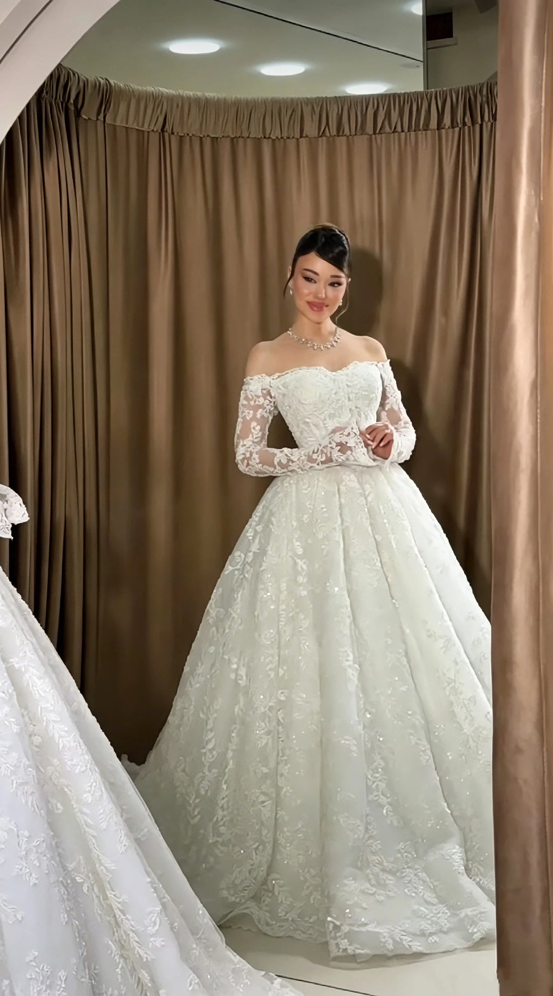 Off-shoulder bell sleeve 3D lace ball gown wedding dress – front view – Snowy Bridal