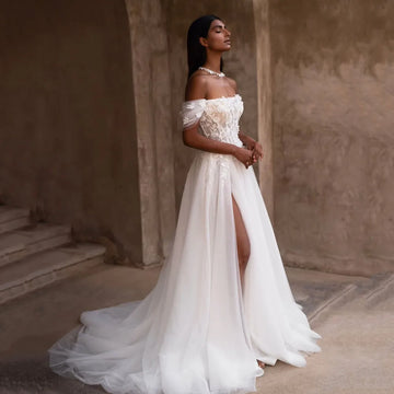 Customized Off Shoulder Corset Wedding Dress Tulle High Slit Lace Appliques Elegant Weddingg Gown Romantic Bridal Dress
