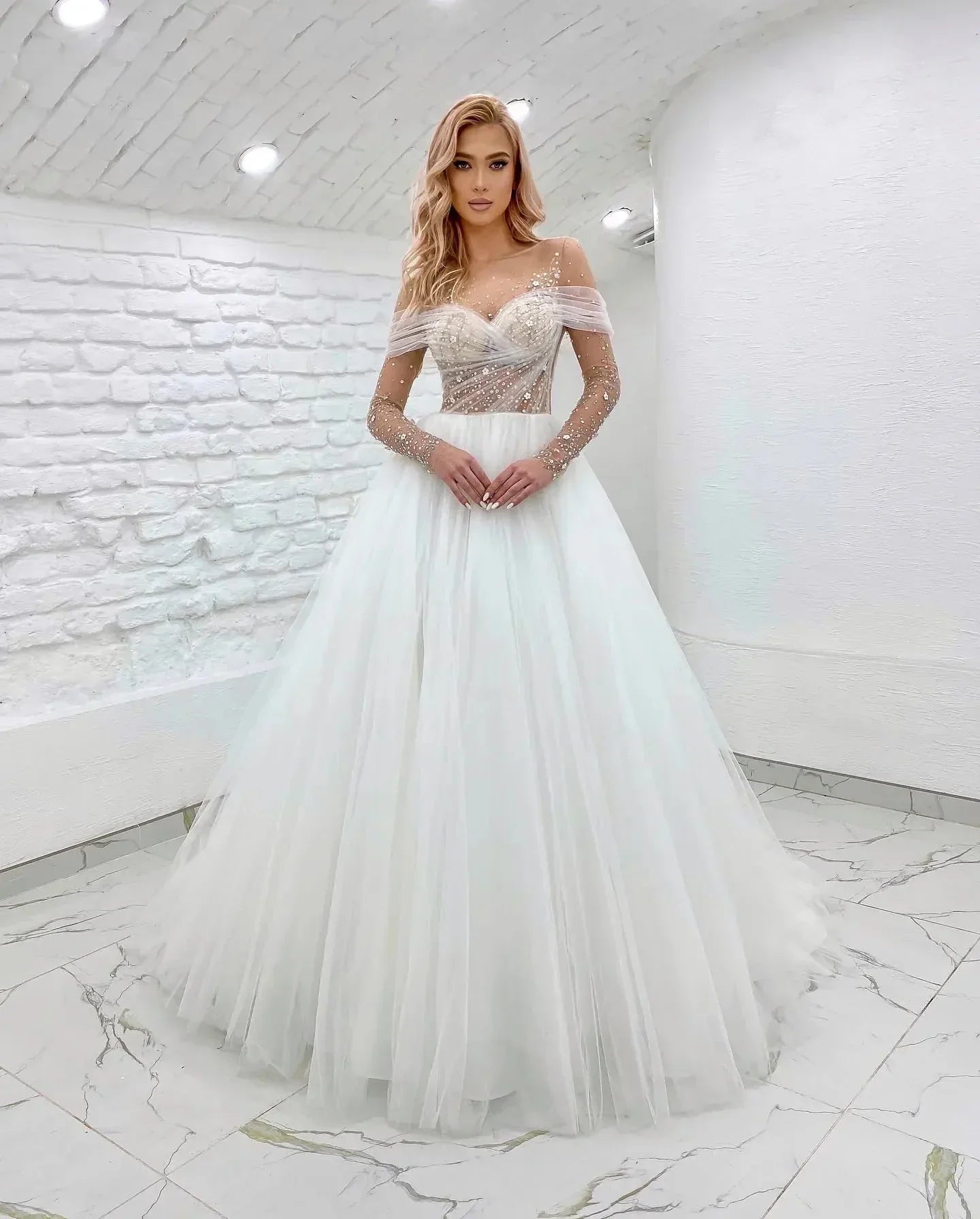Exquisite Romantic Wedding Dresses Luxurious Beading Simple Off Shoulder Long Sleeves Sexy Backless Mopping - Image 2