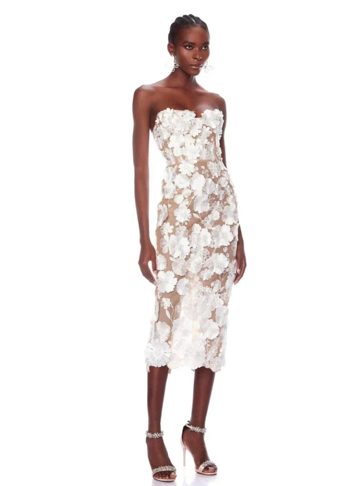 Strapless lace 3D flower slim white sleeveless backless elegant evening party club dress