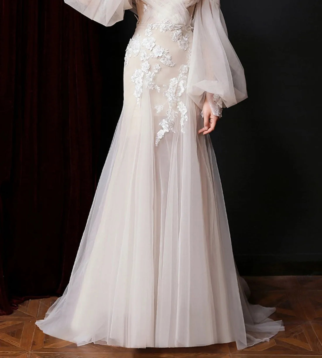 Elegant princess wedding dress 2026 sheer neck long puffy sleeves lace appliques bridal gown