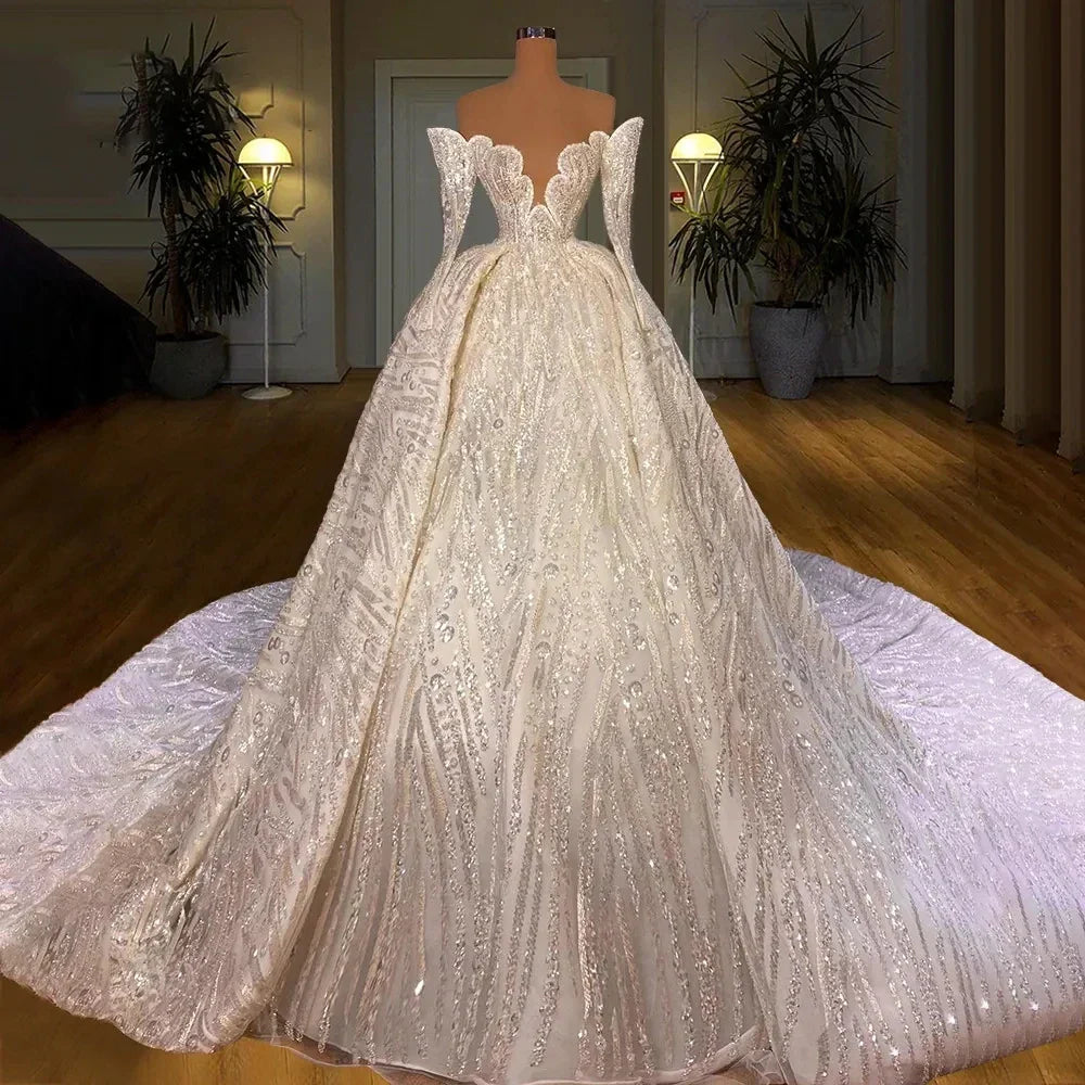 Elegant prom V-neck strapless backless floor length church train bridal party wedding dress