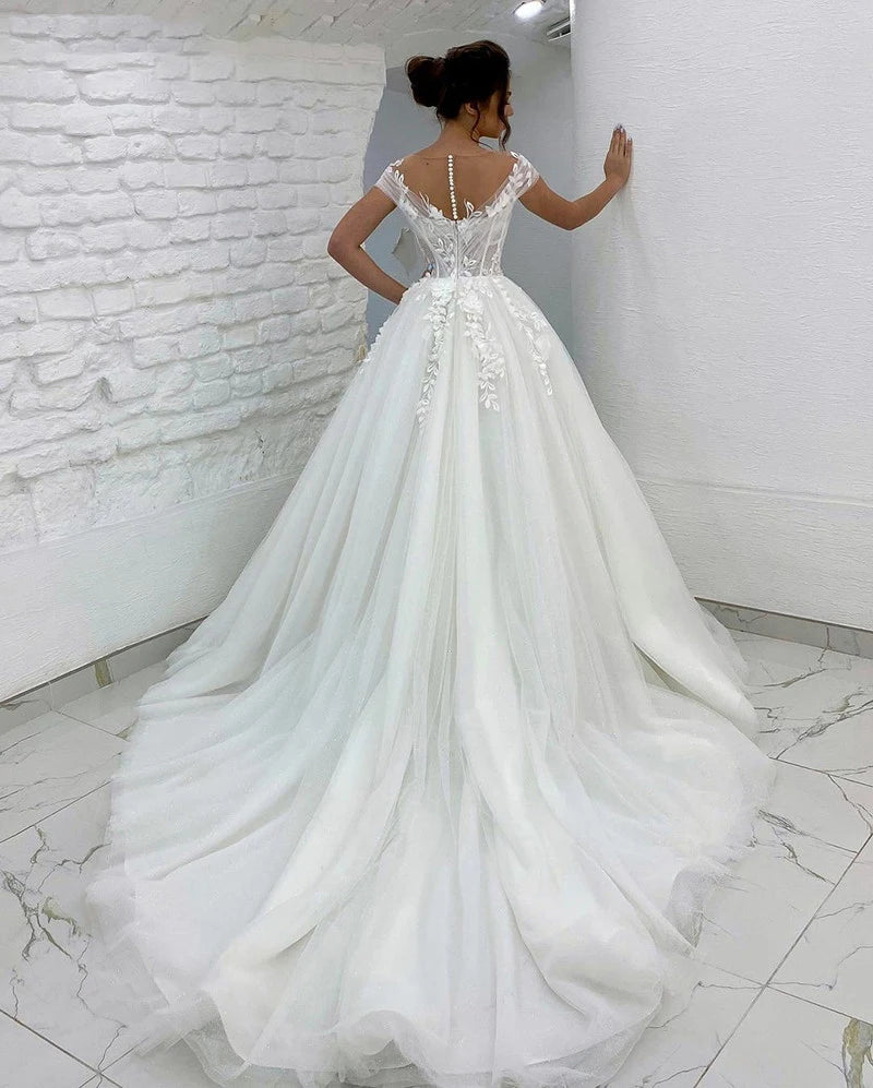 Boho off-shoulder 3D lace sleeveless wedding dress – front view – Snowy Bridal