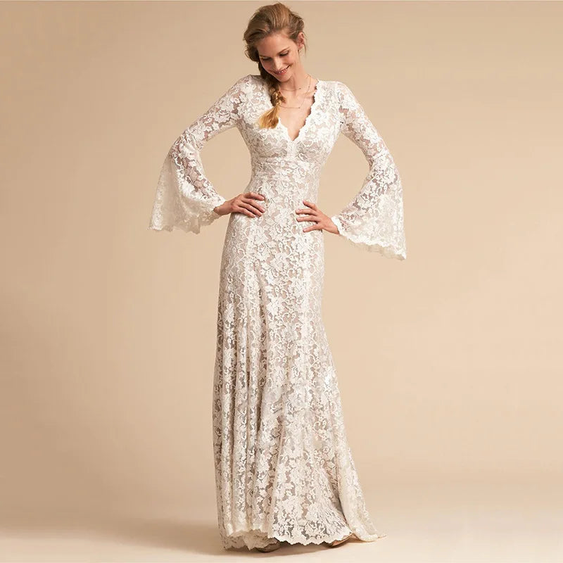 Classic mermaid wedding dress 2026 V-neck open back flare sleeves lace princess boho garden bridal gown