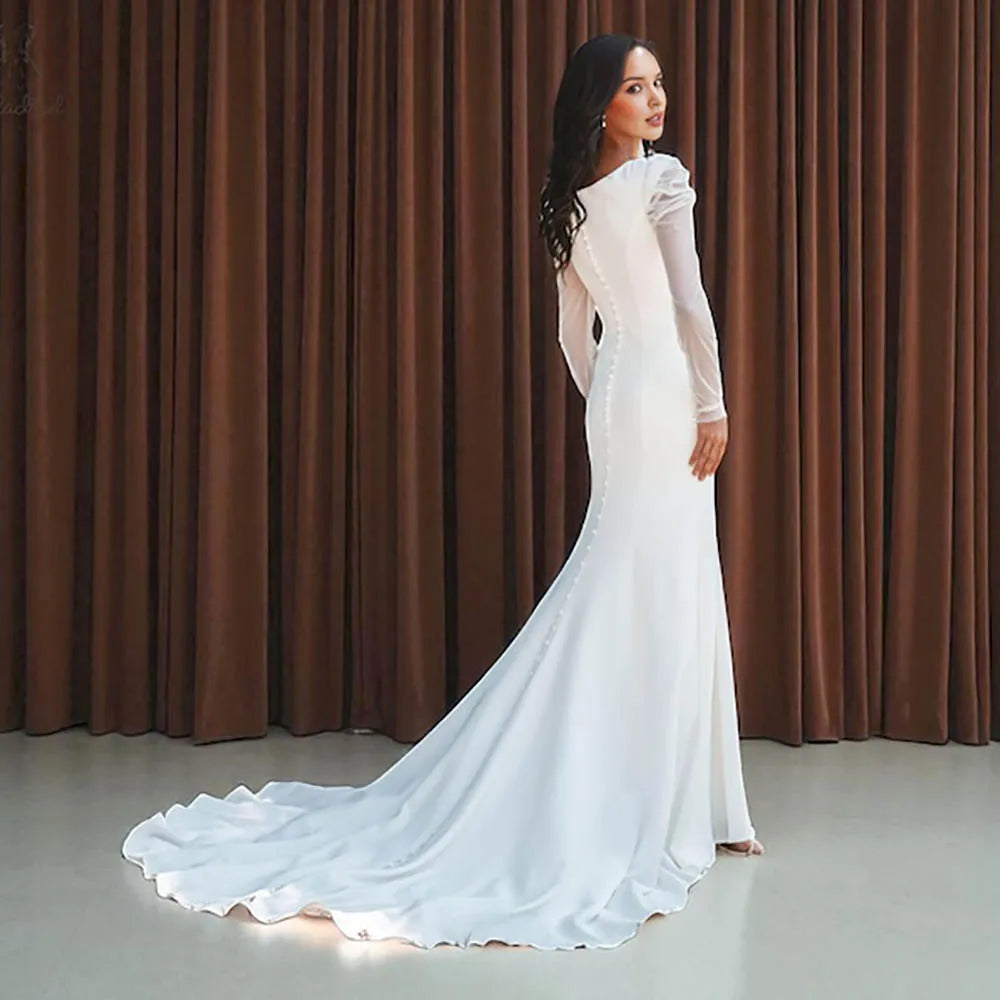 Modest Mermaid Wedding Dresses Buttons Long Sleeves Formal Bridal Dresses Simple Women Brides Dress Customized